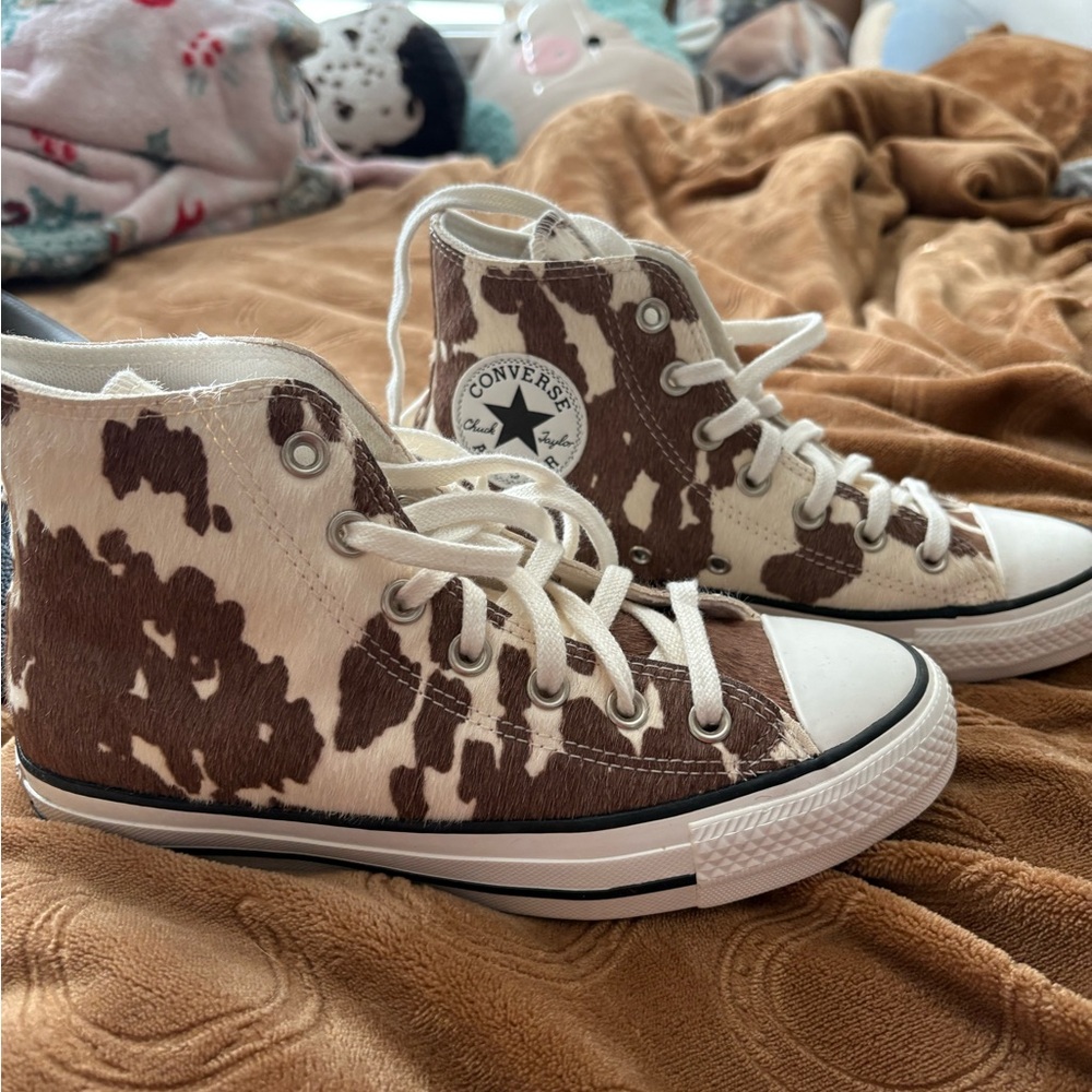 Converse High Top Sneakers in Brown and Cream Cow Print - Picture 7 of 7